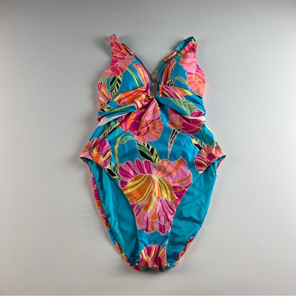 NWT Trina Turk Pink and Blue One Piece Swimsuit with Tropical Floral Design - Picture 2 of 10